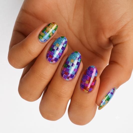 Multicolor glitter mosaic nail wraps with checkered patchwork design, glossy finish, almond shape