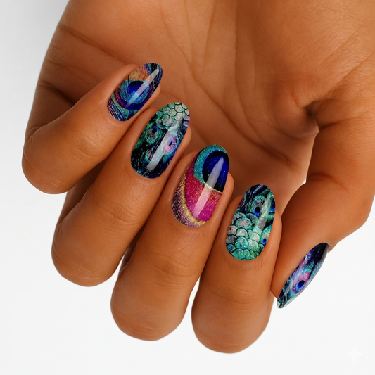 Holy Classics nail wraps, iridescent peacock feather print with teal and pink glitter accents