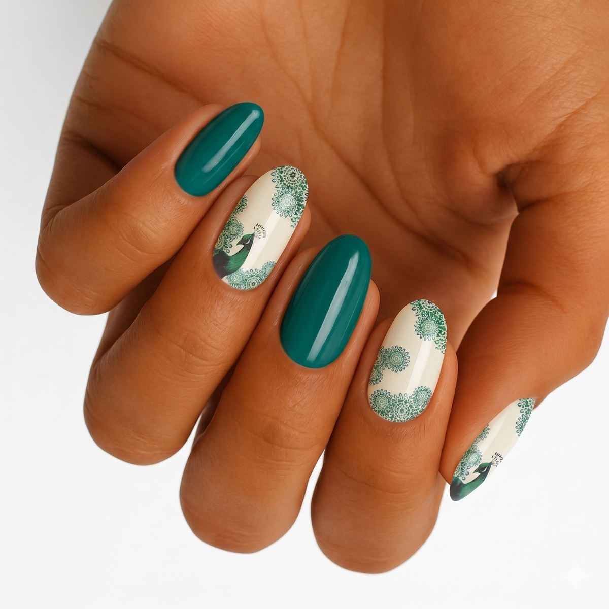Glossy teal nail wraps with cream peacock and mandala accent nail design