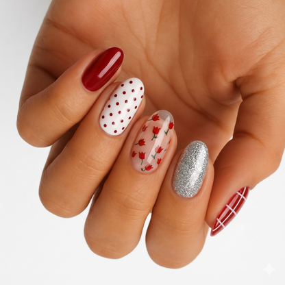Red nail wraps with polka dots, tulip florals, silver glitter, and plaid accent design.