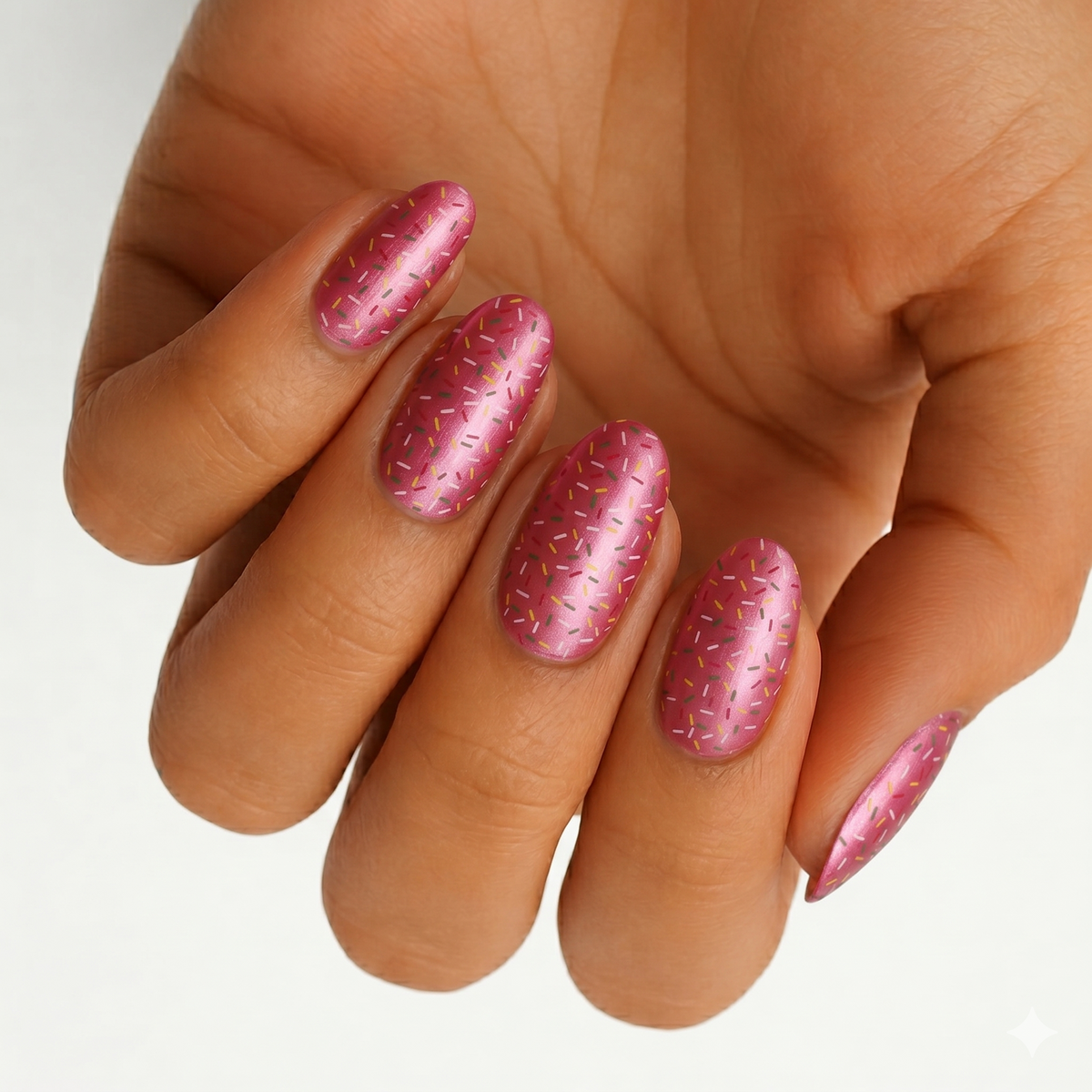 Pink shimmer nail wraps with colourful donut sprinkle pattern, glossy finish, almond shape