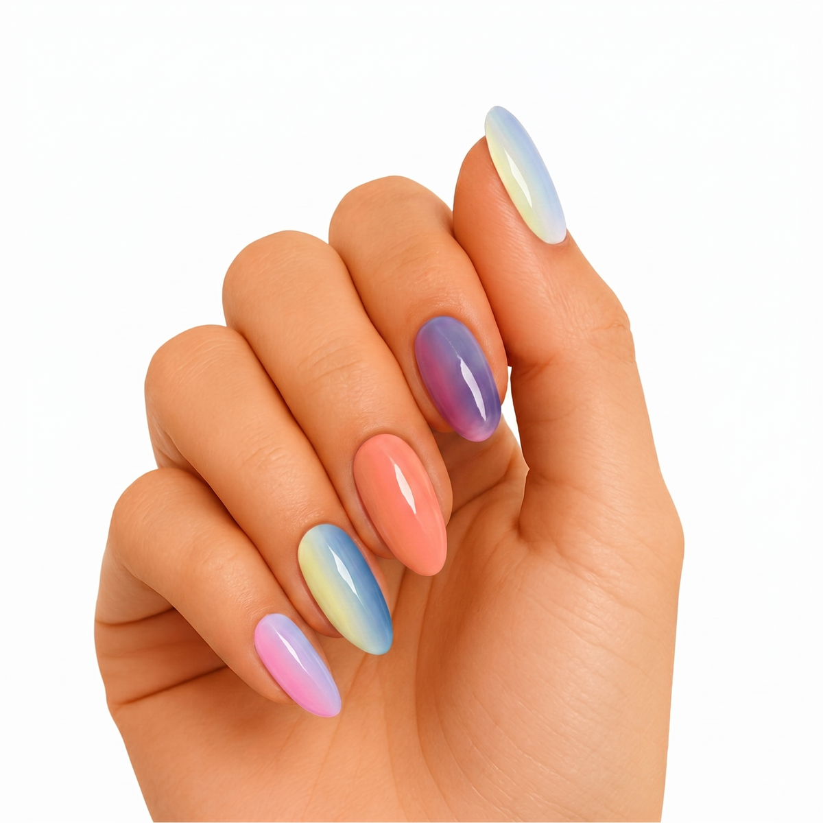 Semi-cured gel nail wraps in glossy pastel ombré: coral, blue, purple, yellow tones, almond shape