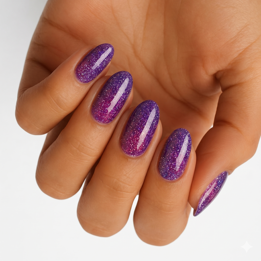 Purple-to-pink glittery ombré nail wraps with holographic shimmer, glossy finish