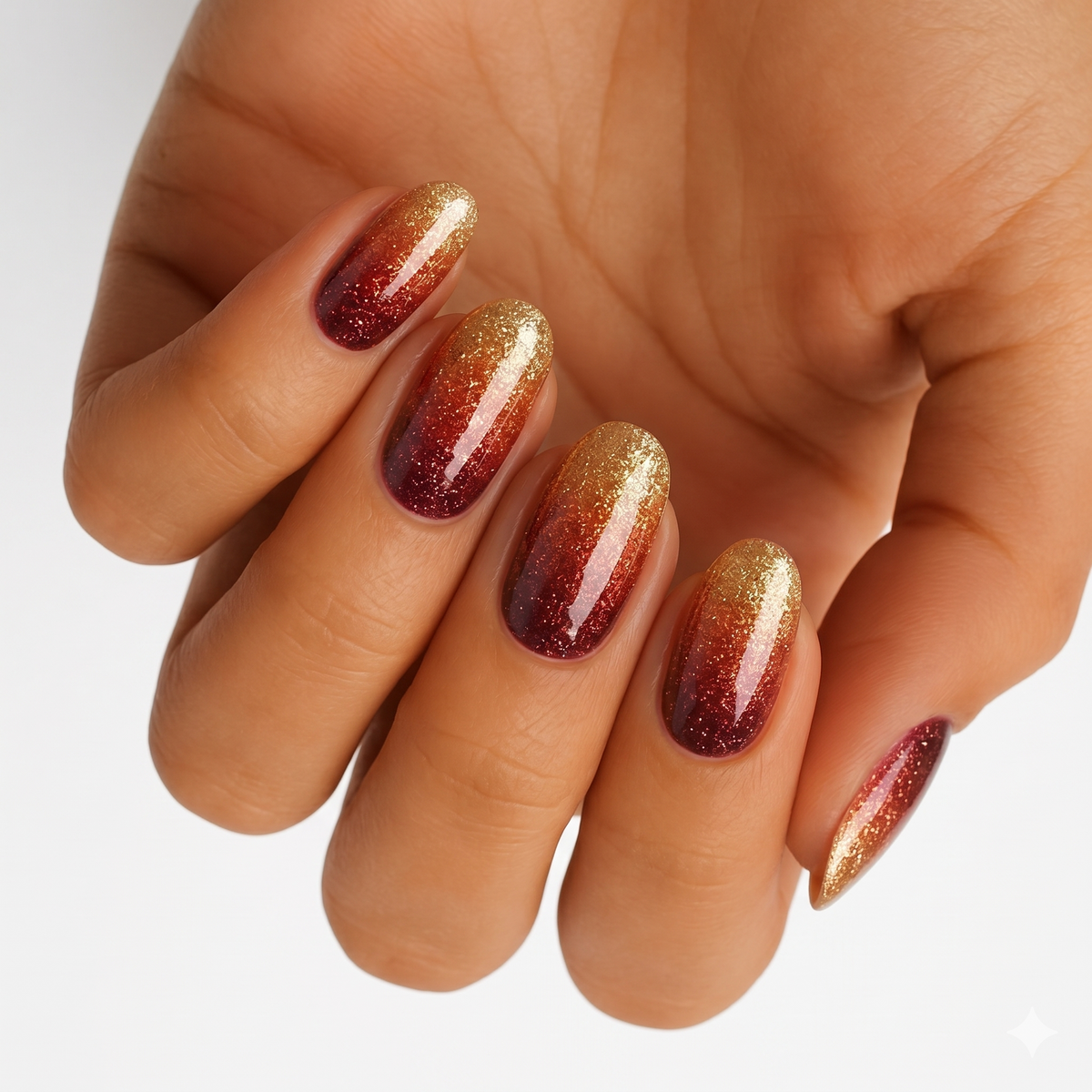 Glossy nail wraps with gold glitter fading into deep burgundy-red ombre on almond nails