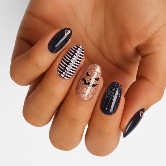 Black nail wraps with Halloween motifs: pumpkin face, spiderweb, stripes, gold glitter accent