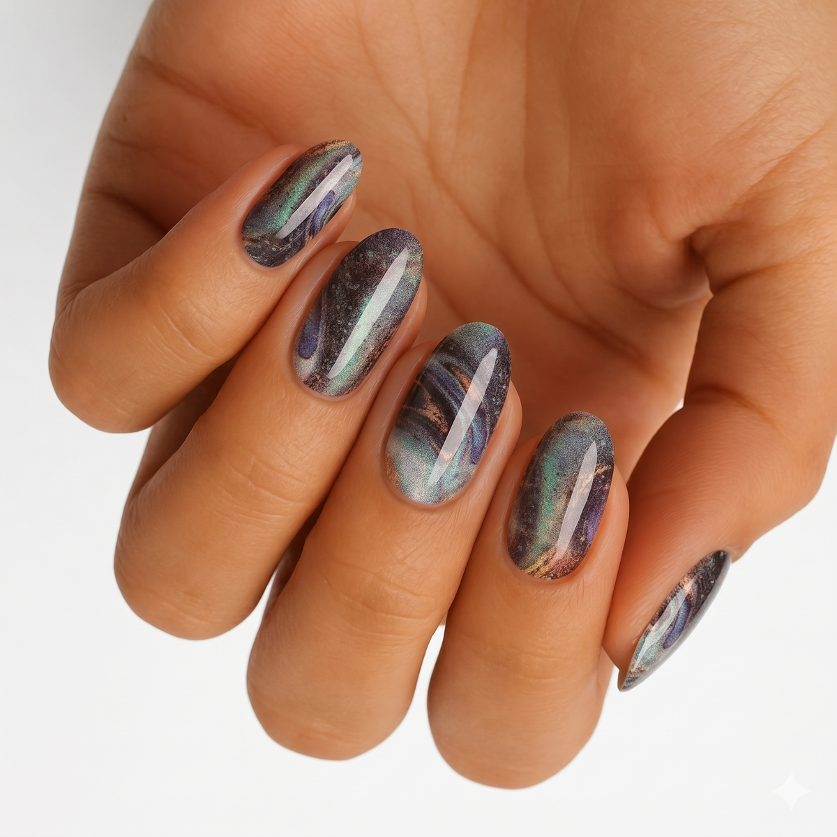 Almond nails with dark cat-eye chrome design, purple-green shimmer and metallic streaks, glossy.