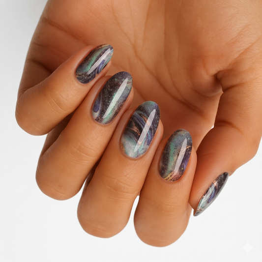 Almond nails with dark cat-eye chrome design, purple-green shimmer and metallic streaks, glossy.