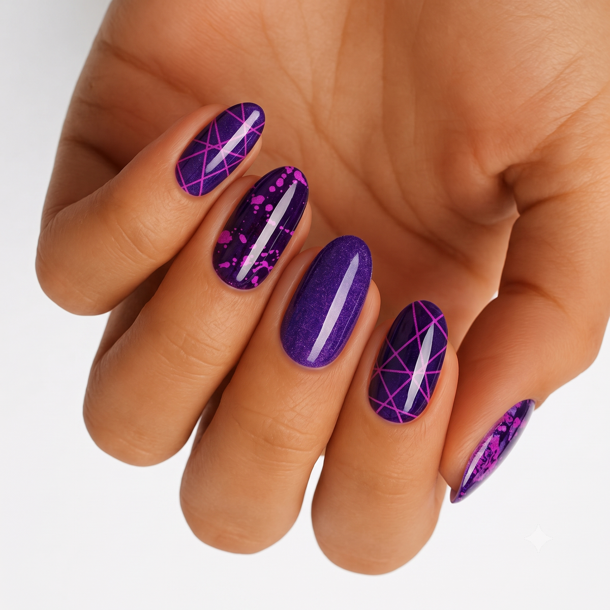 Purple Mikado nail wraps: shimmery purple with magenta geometric lines and splatter accents