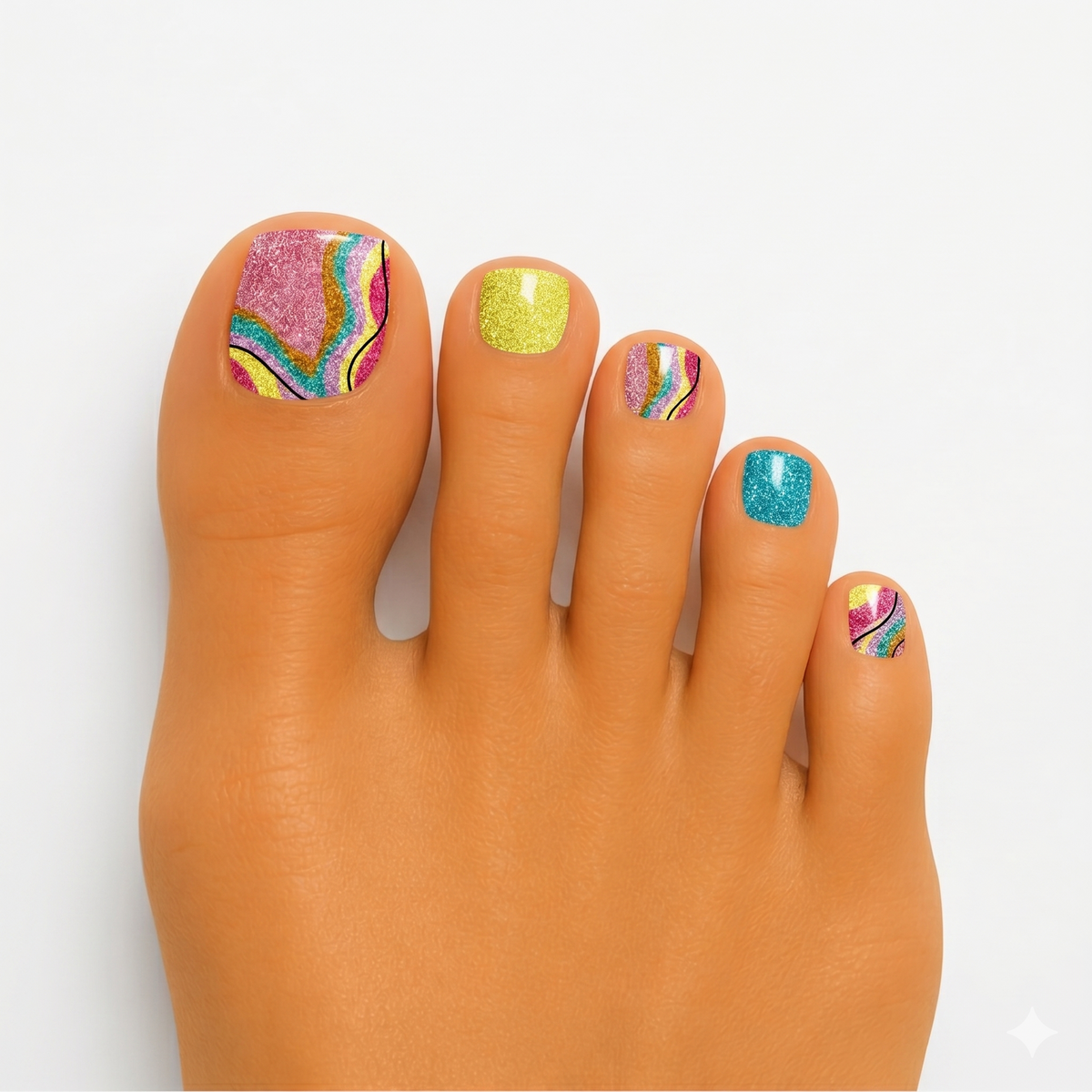 Toe nail wraps with glittery pink, yellow, and teal wavy stripe design on tan skin.