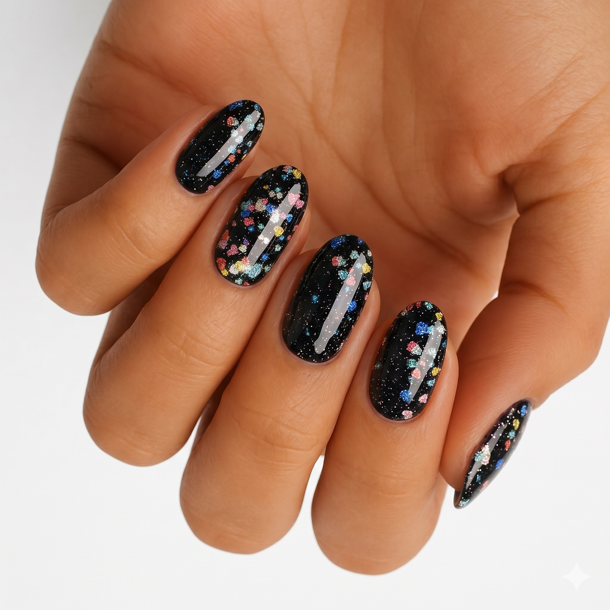 Black glitter nail wraps with multicoloured confetti speckles, glossy finish, oval shape