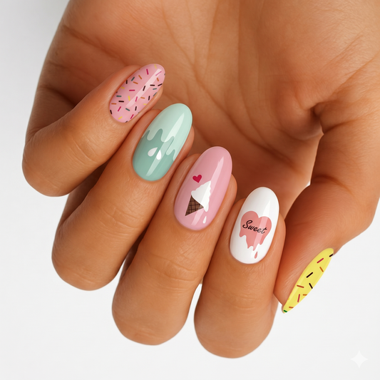 Nail wraps with pink, mint, white and yellow ice cream, sprinkle and "Sweet" drip designs