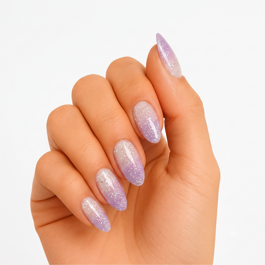 Lilac ombré semi-cured gel nail wraps with silver glitter on sheer base, almond shape