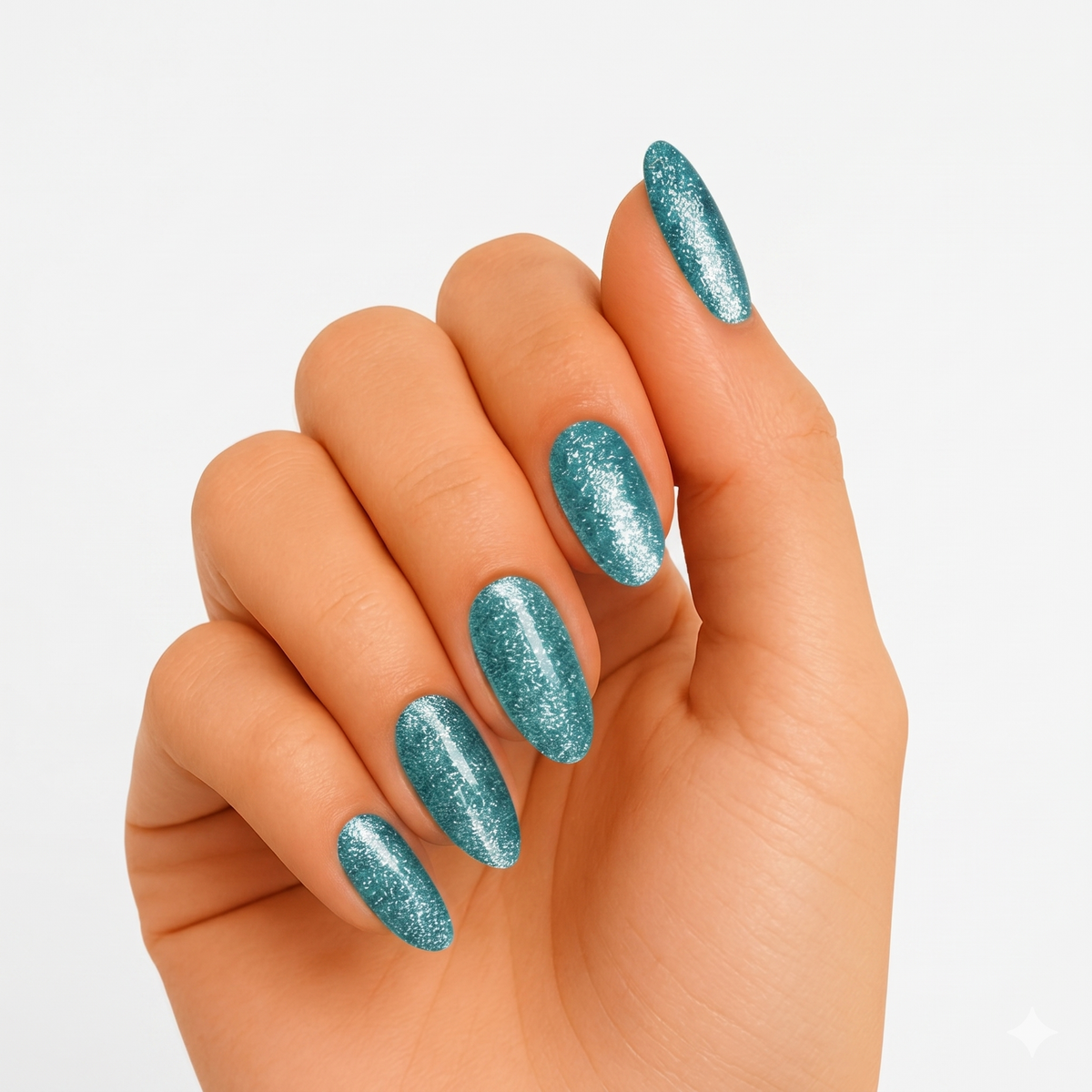 Teal glitter semi-cured gel nail wraps with shimmer finish on almond-shaped nails