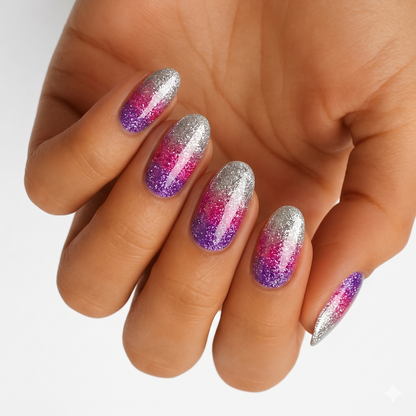 Holy Classics non-UV nail wraps in glittery purple-to-pink-to-silver ombré, oval shape.