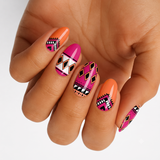 Glossy nail wraps with pink and orange tribal geometric diamond and triangle pattern