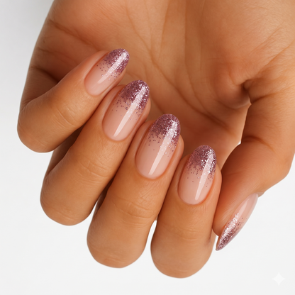 Pink glitter ombré nail wraps with sheer nude base on almond-shaped nails