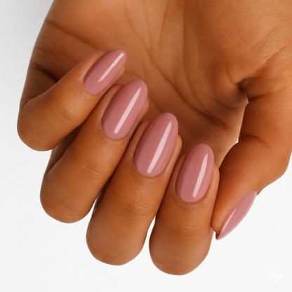 Glossy dusty pink nail wraps in a solid colour on almond-shaped nails.
