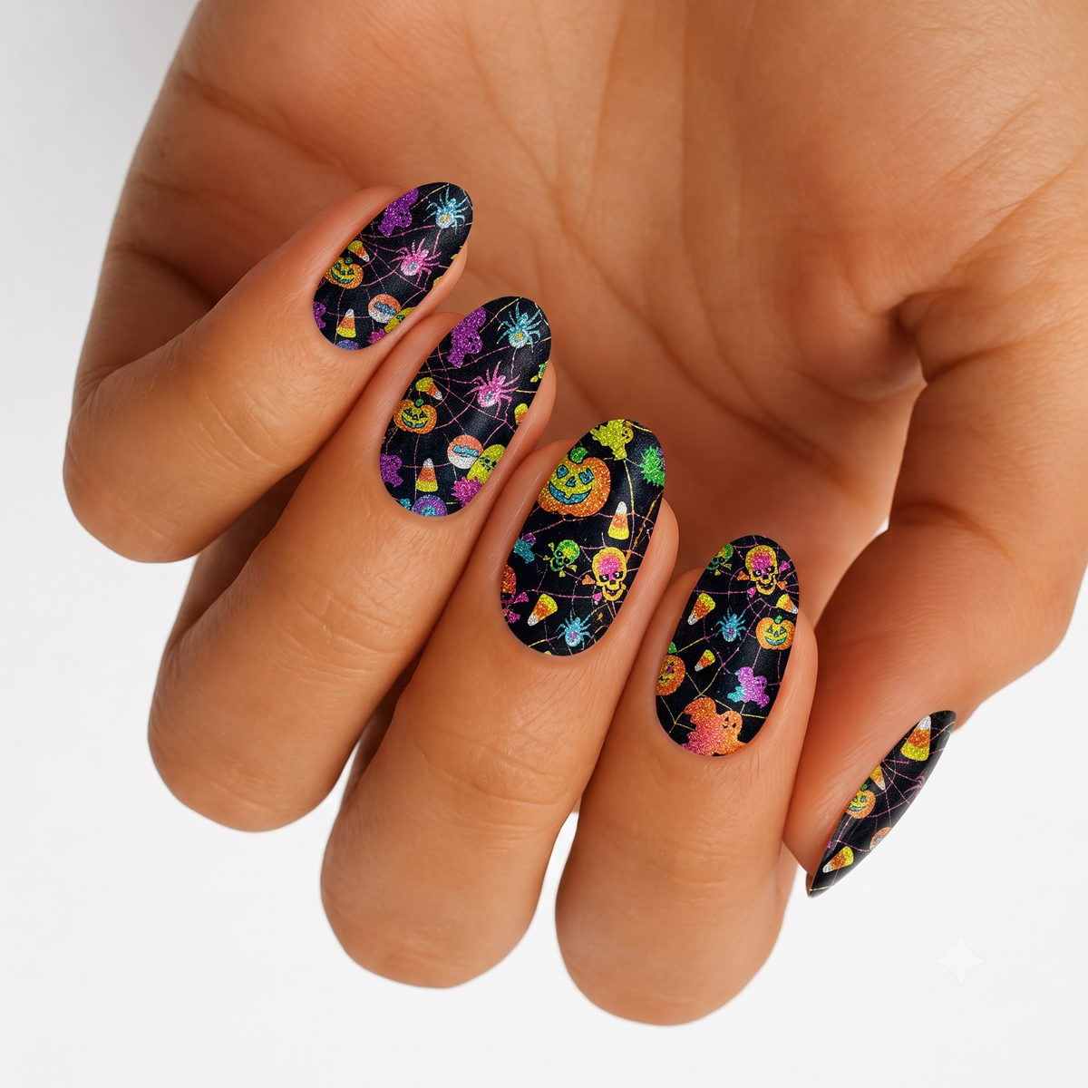 Black nail wraps with neon glitter Halloween motifs: spiders, pumpkins, skulls, candy corn