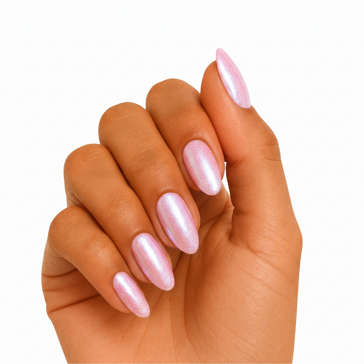 Pearlescent pink chrome semi-cured gel nail wraps on almond-shaped nails
