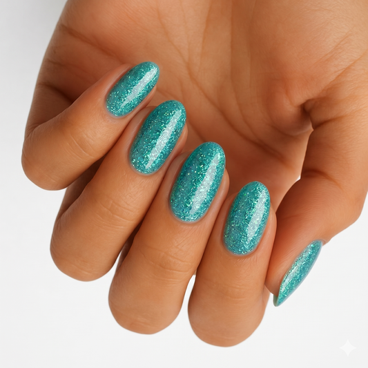 Jade green glitter non-UV nail wraps with sparkling foil-flake finish on oval nails