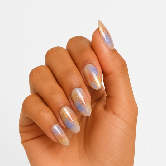 Sheer glazed nail wraps with blue-gold shimmer aurora effect, almond shape