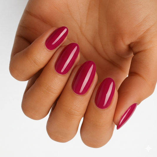 Glossy magenta-pink nail wraps in a solid colour on almond-shaped nails