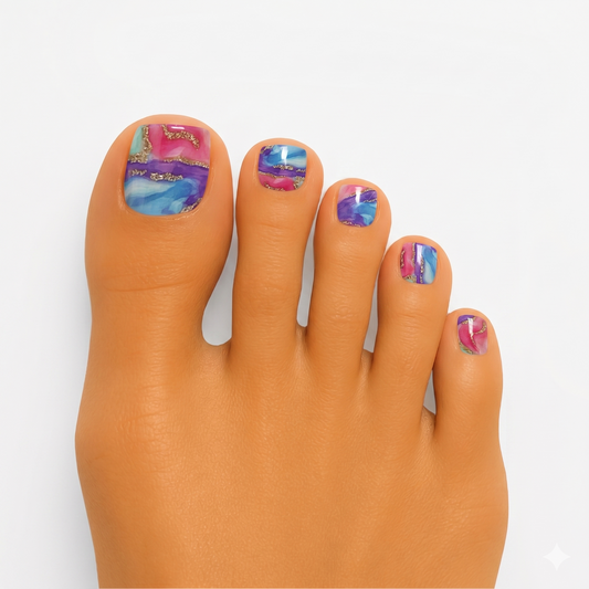 Toe nail wraps with pink, purple, and teal marbled abstract design and gold glitter accents.