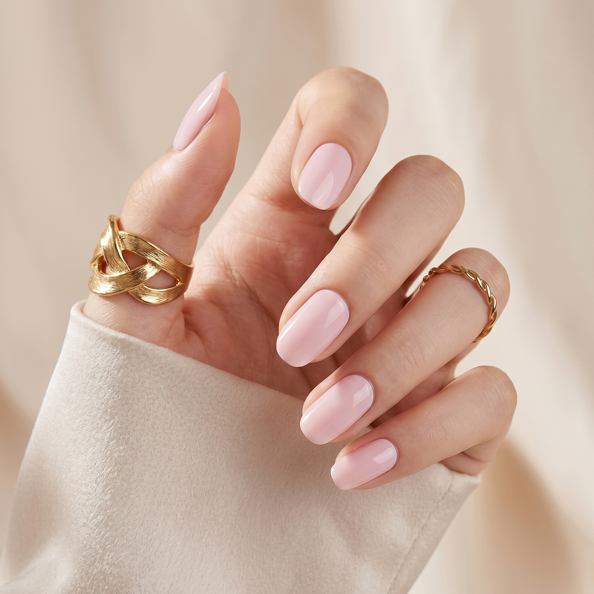 Sheer glossy pink semi-cured gel nail wraps on short round nails