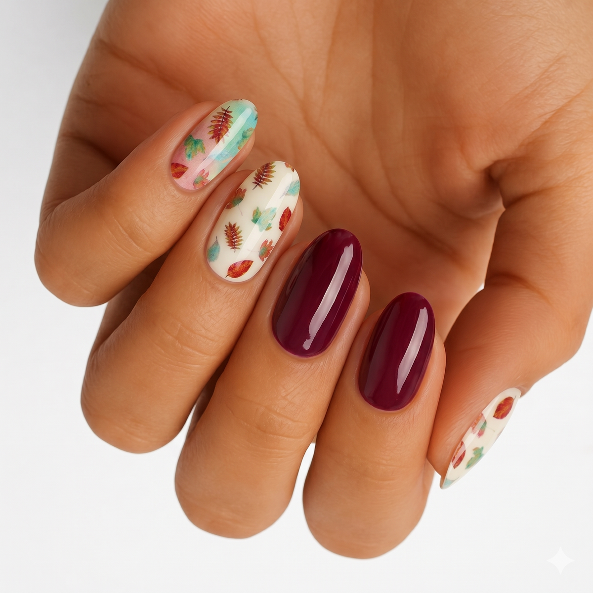 Glossy burgundy nails paired with cream nails featuring scattered autumn leaf print accents.