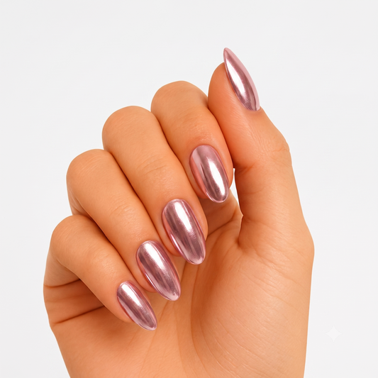 Pink chrome semi-cured gel wraps, mirror metallic finish on oval nails