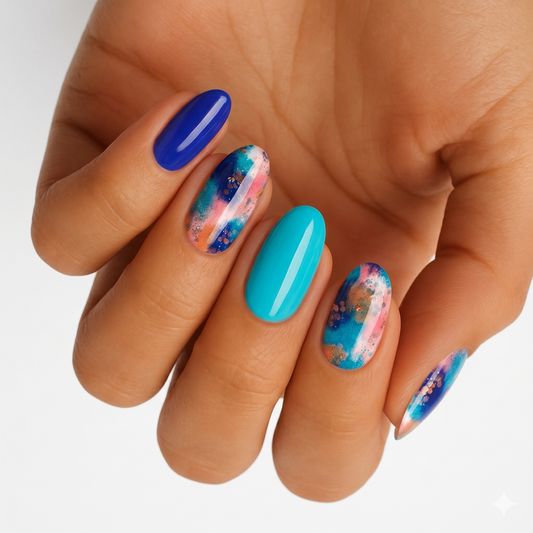 Glossy nail wraps in cobalt blue, turquoise, and watercolor pink-blue tie-dye with glitter accents