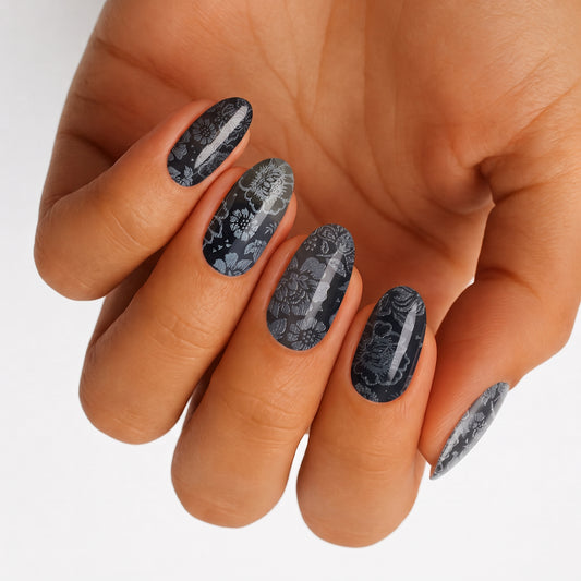 Black and grey nail wraps with floral lace embossed pattern, glossy finish