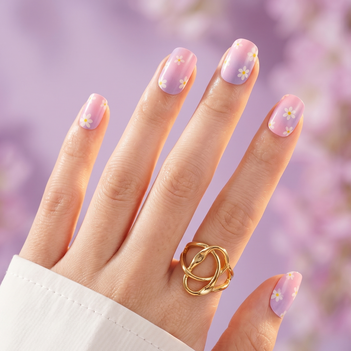 Pink-to-lavender ombre semi-cured gel nail wraps with white daisy floral print