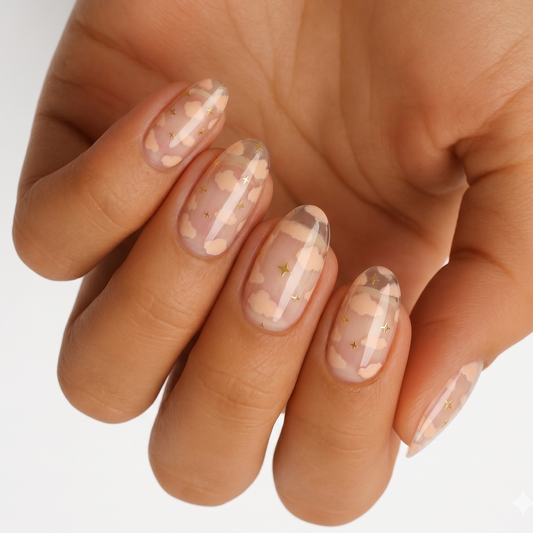 Sheer nail wraps with peach cloud print and gold star accents, glossy finish