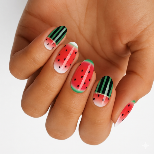 Watermelon-print nail wraps with red seeded fruit design and green striped rind accent nails