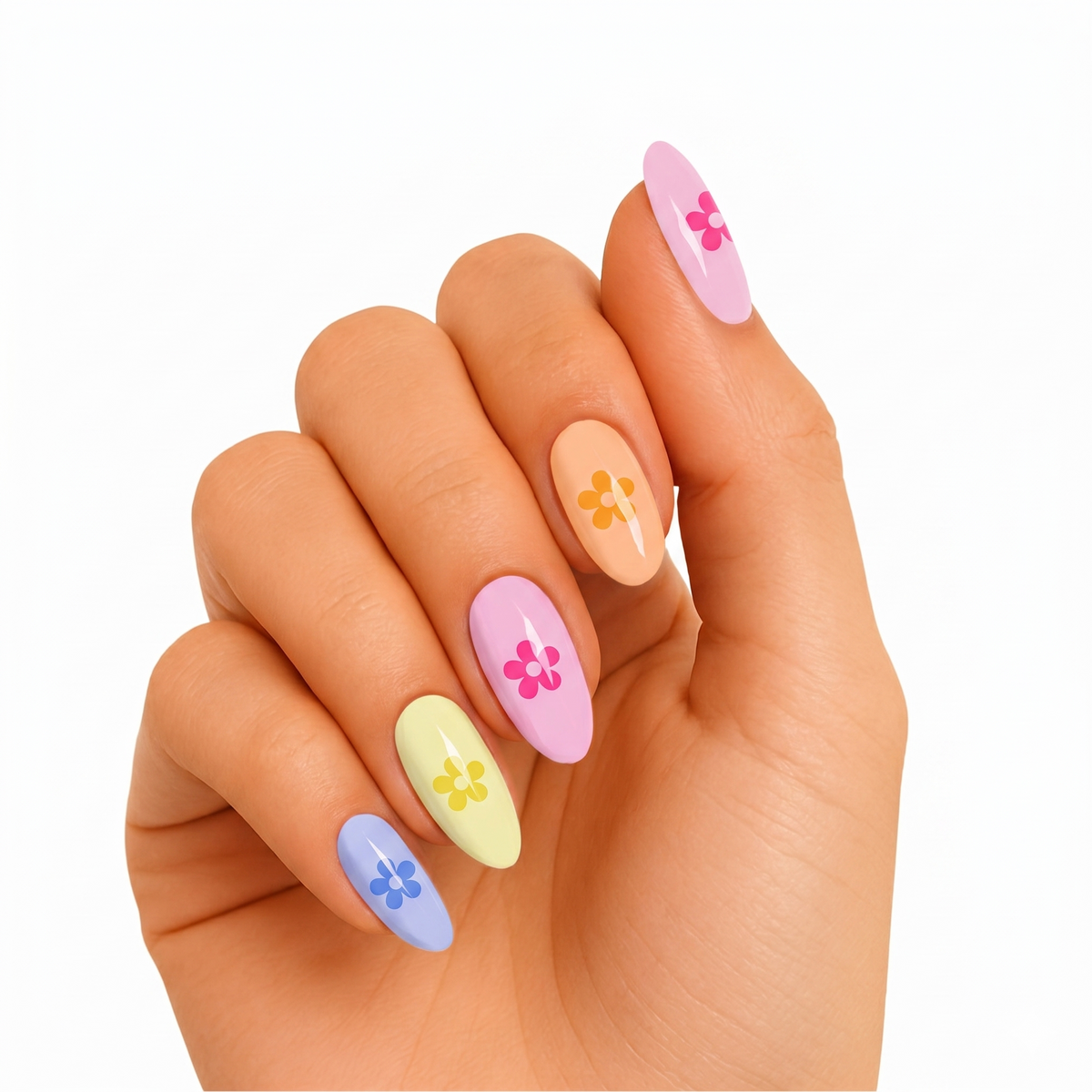 Glossy nail wraps in pastel pink, orange, yellow, blue with tonal daisy flower accents