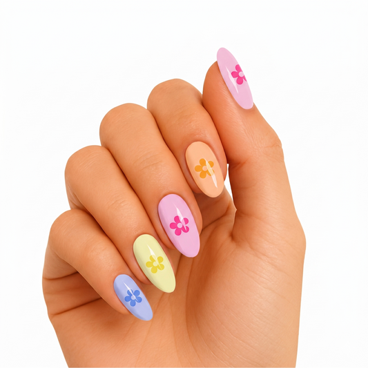 Glossy nail wraps in pastel pink, orange, yellow, blue with tonal daisy flower accents