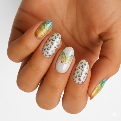Holy Classics nail wraps, green-yellow ombré with multicolour butterfly print on white