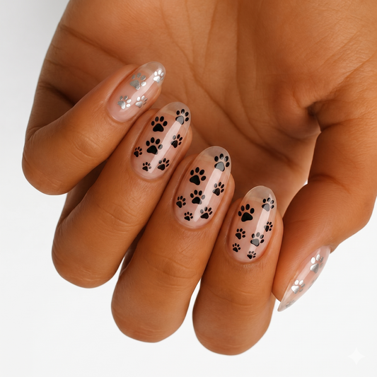 Sheer nail wraps with black and silver paw print pattern over bare nail colour