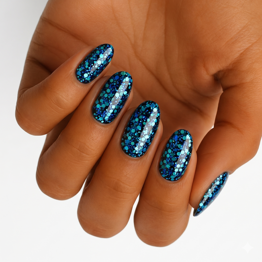 Navy blue nail wraps with teal, turquoise and silver glitter confetti dots