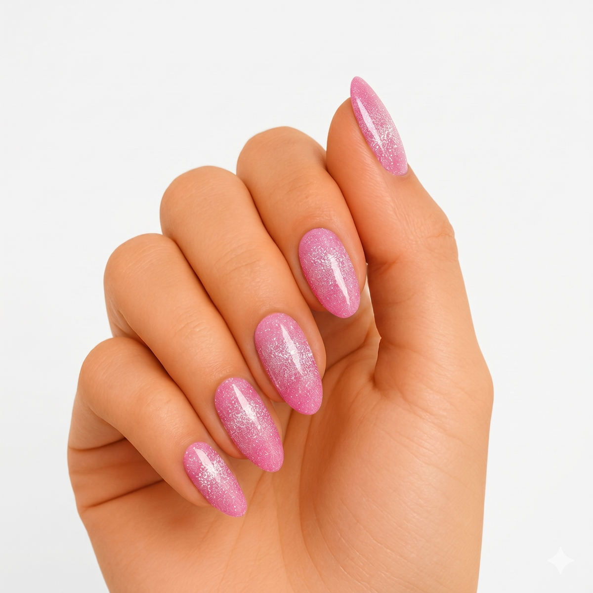 Sheer pink shimmer semi-cured gel nail wraps with silver glitter, glossy almond shape