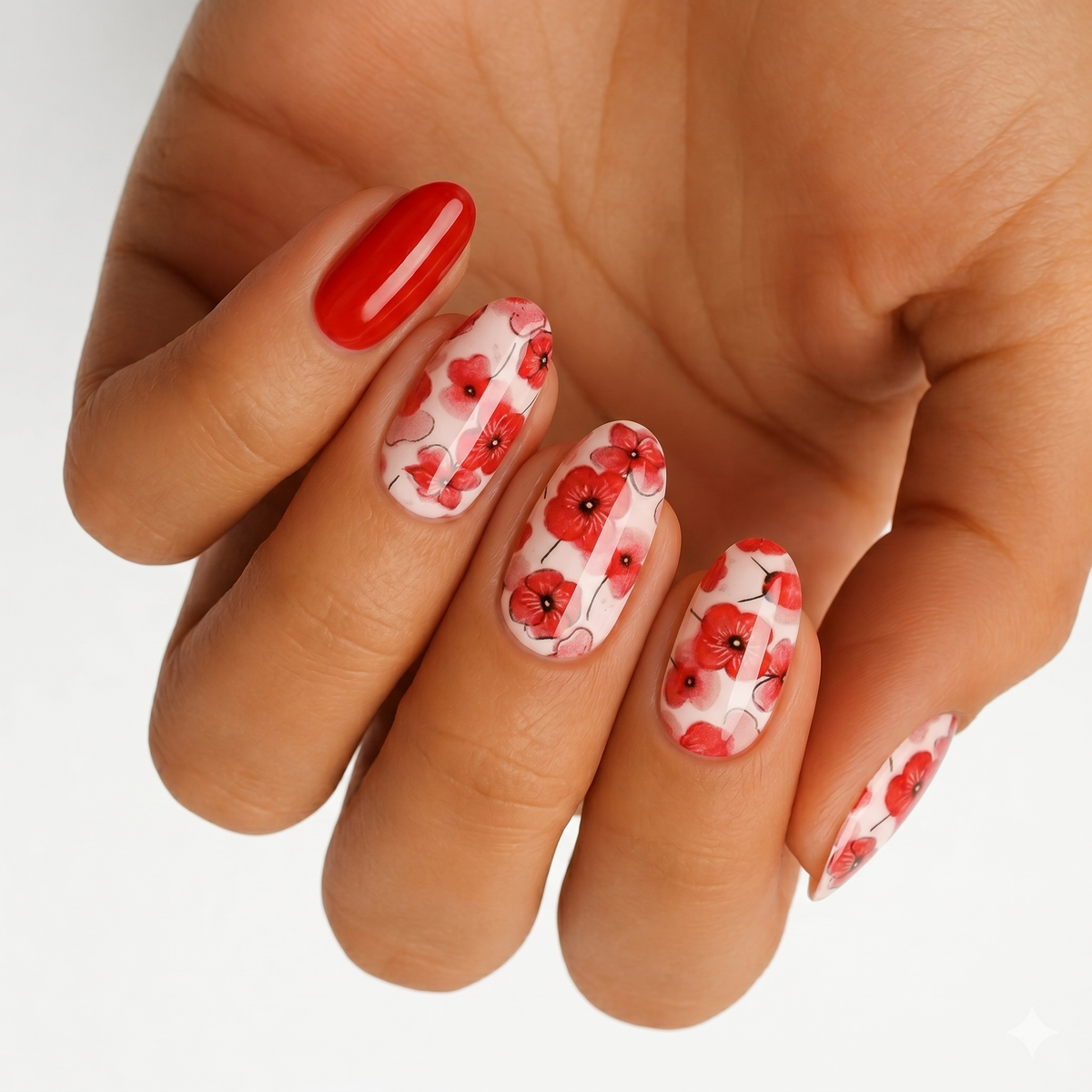 Glossy red poppy floral nail wraps with solid red accent nail on almond nails