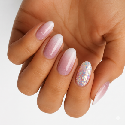 Pink-white ombré glitter nail wraps with iridescent confetti accent nail, glossy finish