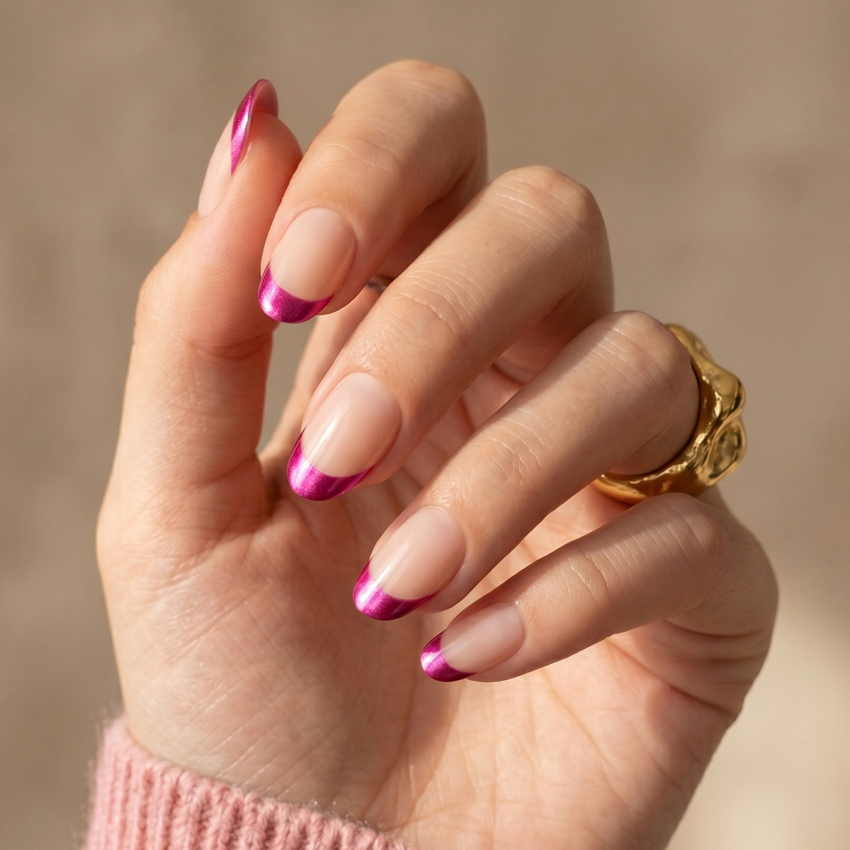 Short oval soft gel press-ons, sheer nude base with metallic magenta French tips
