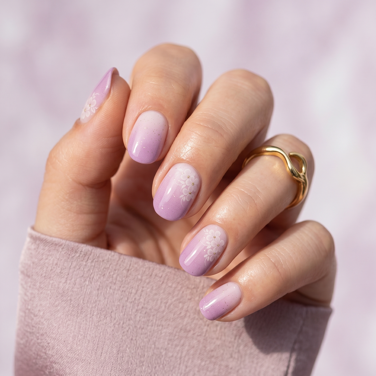 Lilac ombre semi-cured gel nail wraps with white floral accents, glossy finish