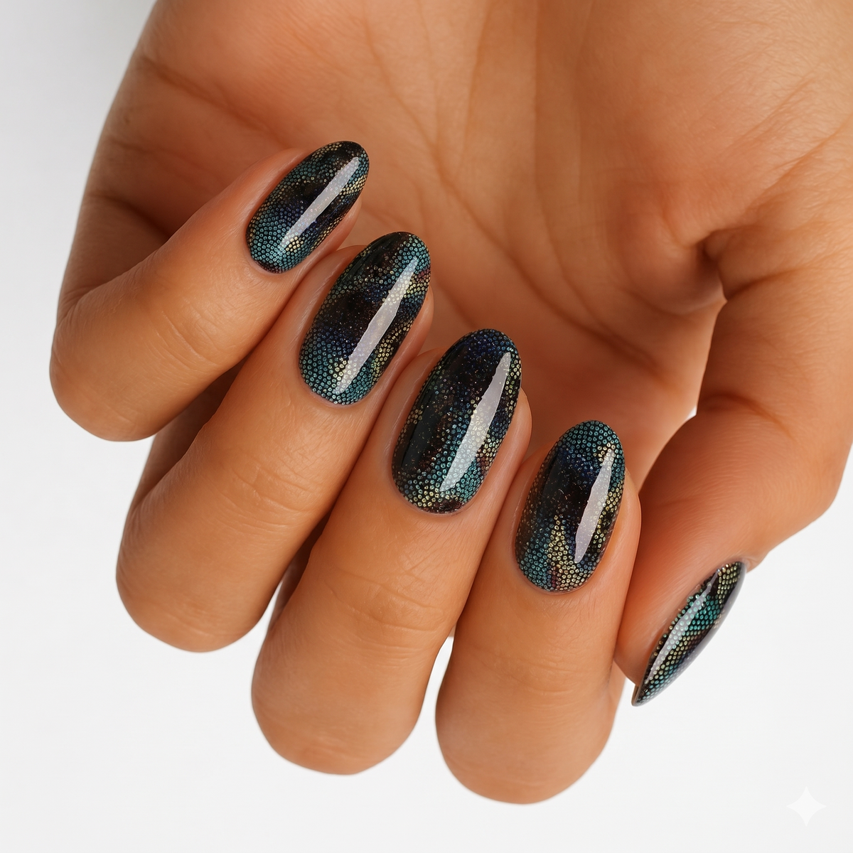 Black holographic nail wraps with cat-eye shimmer and iridescent sparkle finish, almond shape