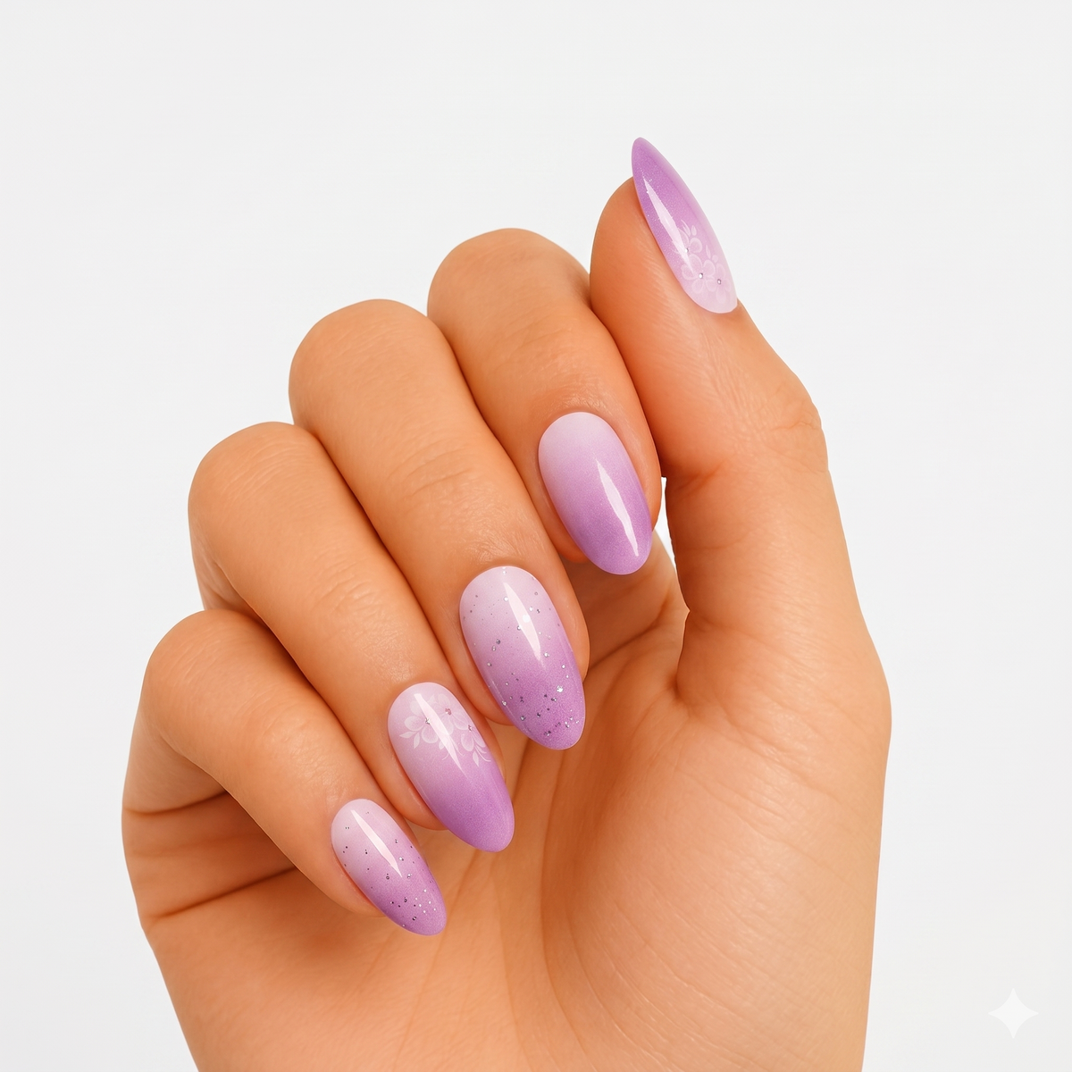 Purple ombre semi-cured gel nail wraps with glitter and white floral accent, glossy almond shape.