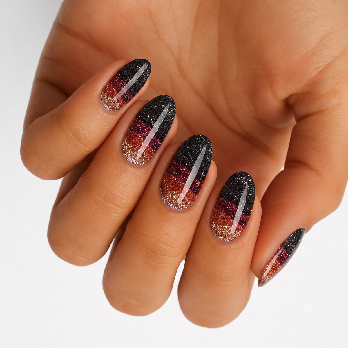 Black glitter nail wraps with burgundy and copper ombré bands and silver streak accent