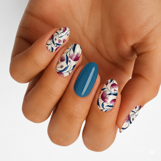 Cream nail wraps with navy and magenta floral print, one solid teal accent nail