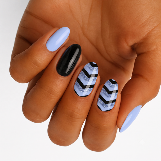 Glossy periwinkle and black nail wraps with silver glitter chevron accent nails
